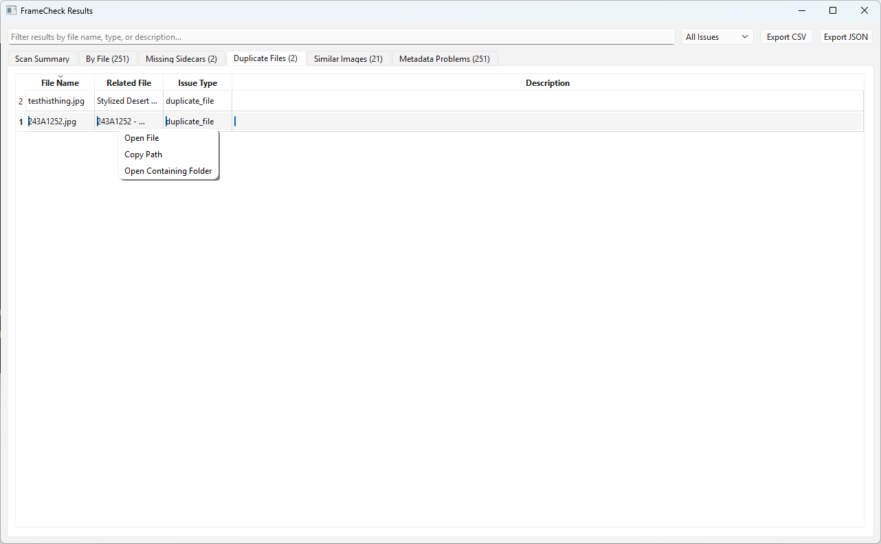FrameCheck duplicate results with right-click options to open file, copy path, or open containing folder.