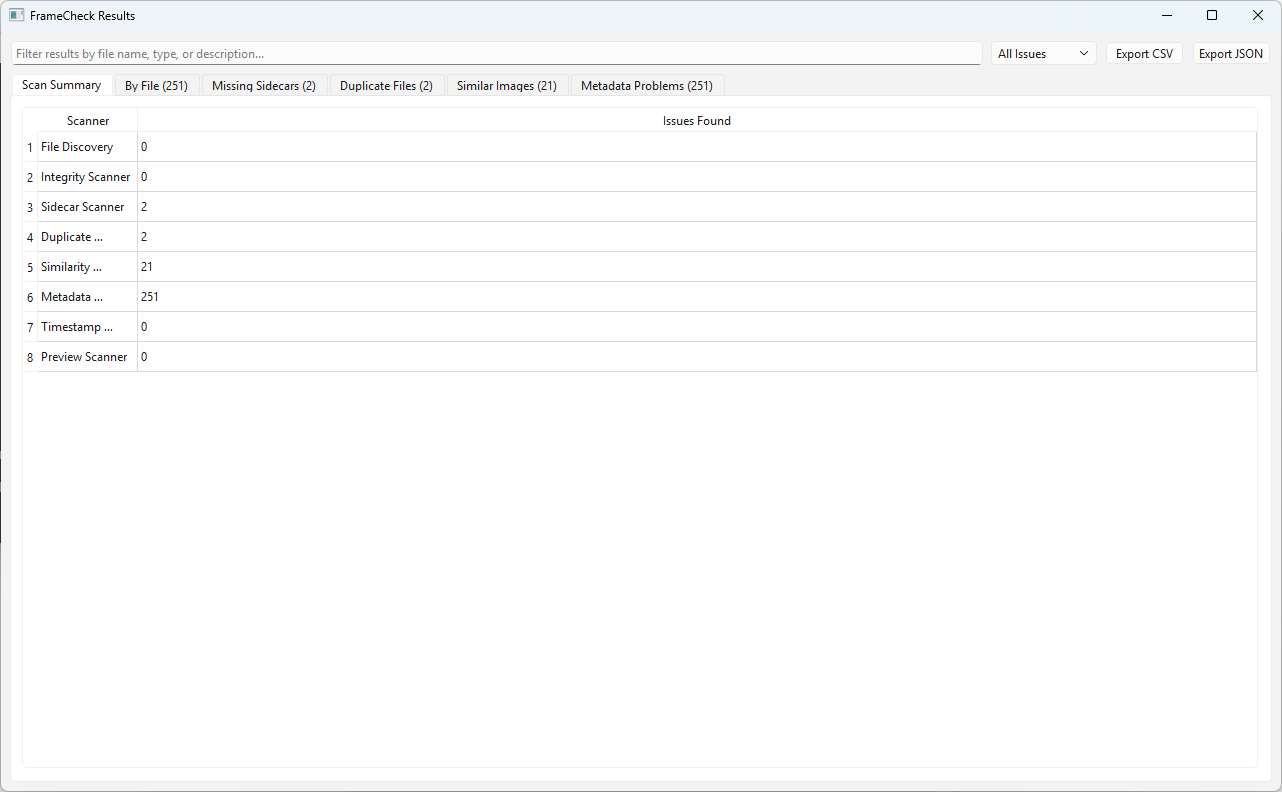 FrameCheck results scan summary showing issues found per scanner.